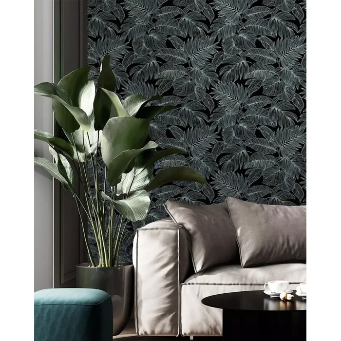 Rasch|Papier peint fleuri grandes feuilles noires turquoise|Papier Peint