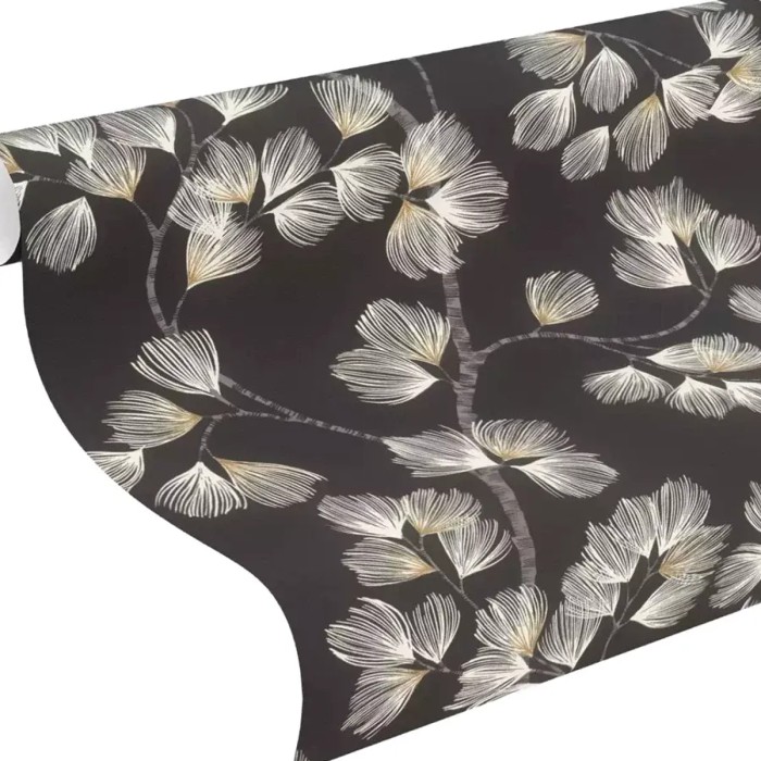 Rasch|Papel pintado japandi ramas pino negro y dorado|Floral