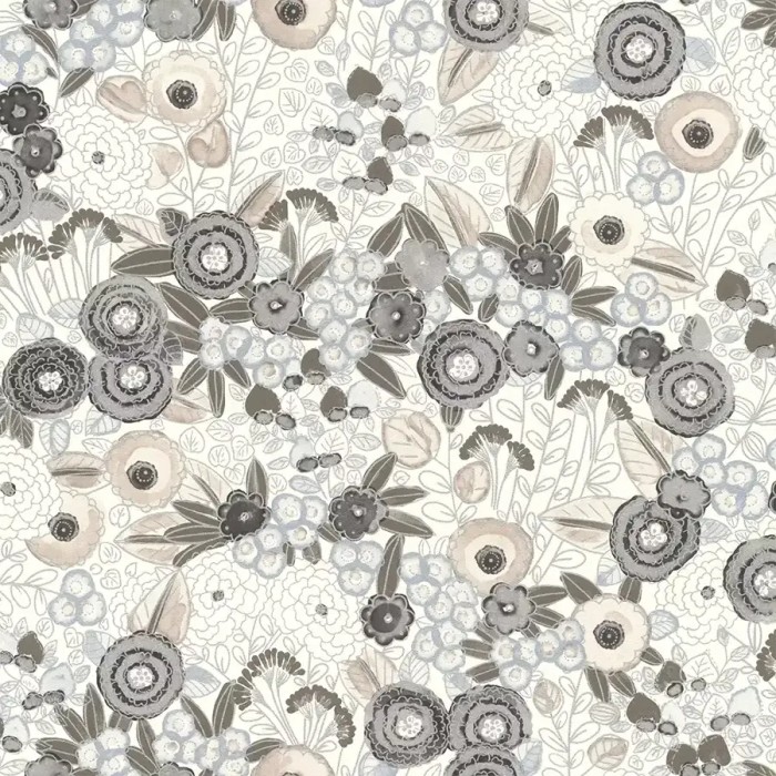 Rasch|Papel pintado floral romántico blanco plateado|Romántico