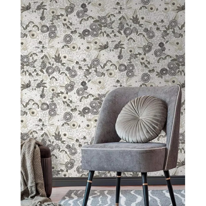 Rasch|Papel pintado floral romántico blanco plateado|Romántico