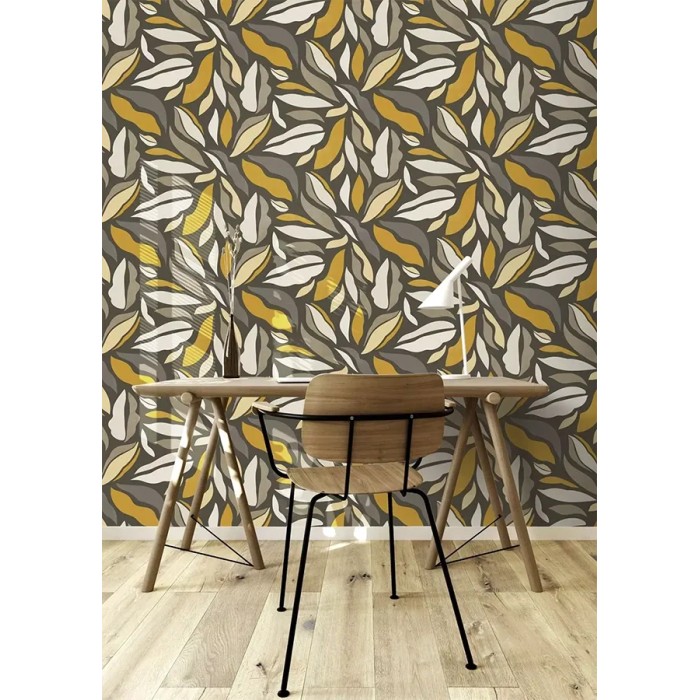 Papel pintado flores estilo retro gris amarillo - Rasch Symphony 869316