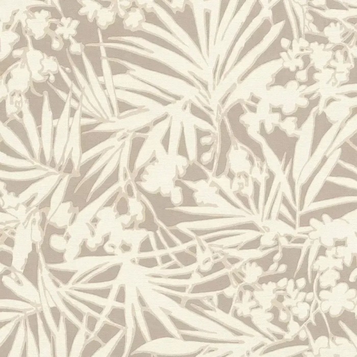 Papel pintado hojas palma y flores exóticas beige - Rasch Paraiso 330311