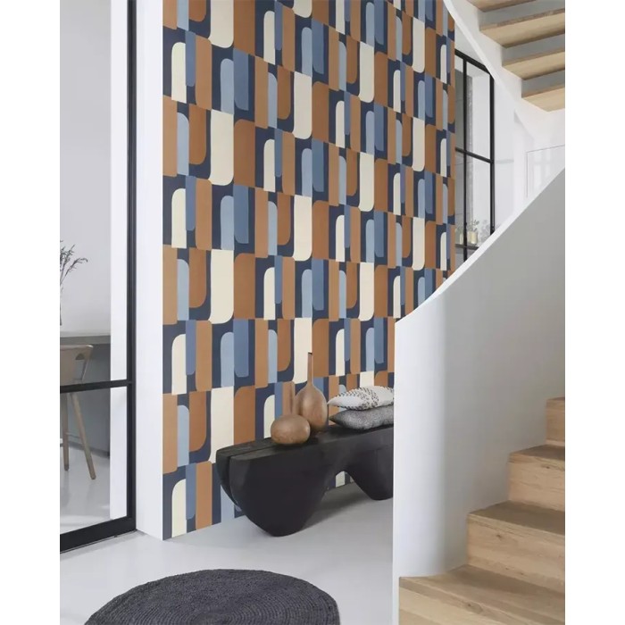 Rasch|Papier peint géométrique bleu pour entrée moderne|Rétro