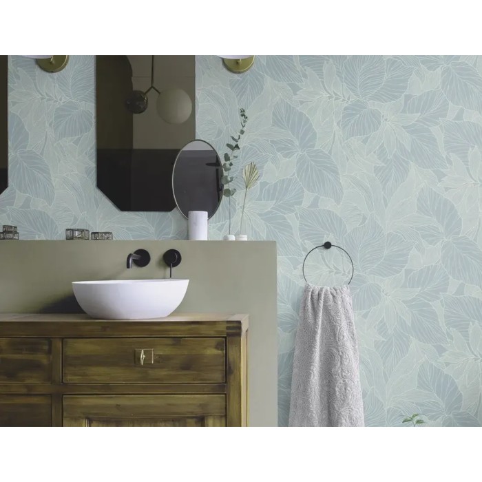 Papel pintado floral hojas grandes azul ideal baño - Rasch Deco Style 314915