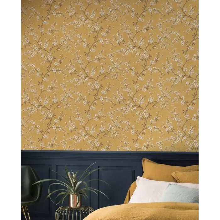 Rasch|Papier peint cerisier en fleur jaune ocre|Fleurs Japonaises