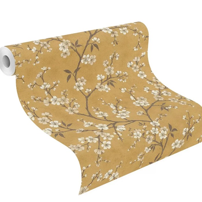 Rasch|Papier peint cerisier en fleur jaune ocre|Fleurs Japonaises