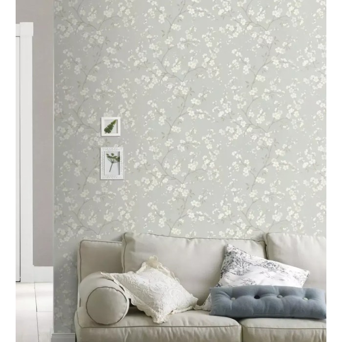 Rasch|Papier peint fleuri oriental gris verdâtre|Fleurs Japonaises