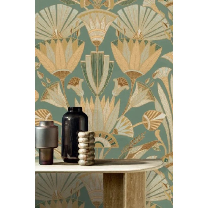 Casamance|Papier peint fleurs égyptiennes vert et doré|Papier Peint