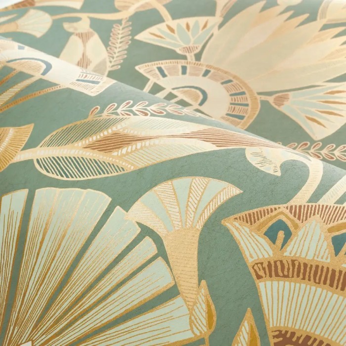 Casamance|Papier peint fleurs égyptiennes vert et doré|Papier Peint