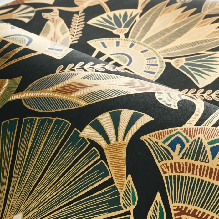 Casamance|Papel pintado flores egipcias negro multicolor|Alta Gama