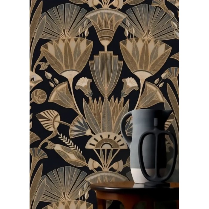 Casamance|Ägyptische Blumentapete schwarz-gold|Art Deco