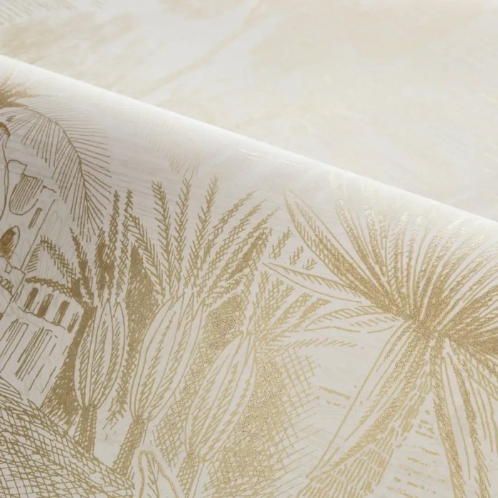 Casamance|Papier peint oasis avec palmiers blanc et doré|Haut Gamme