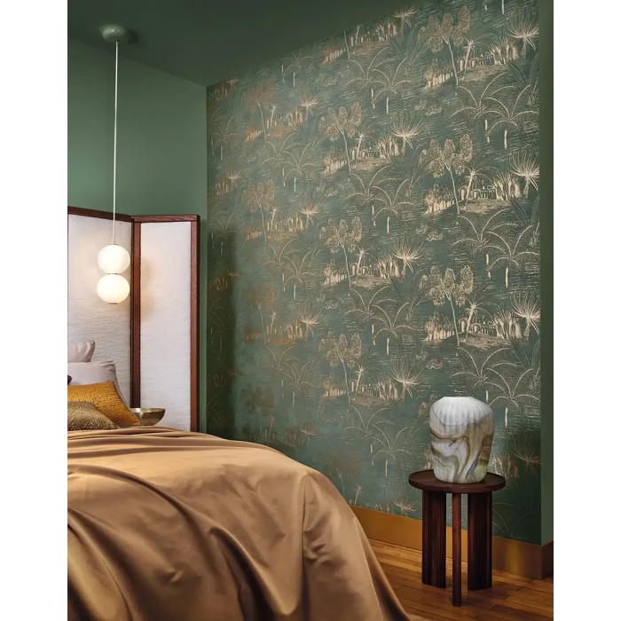 Casamance|Papel pintado oasis con palmeras verde y dorado|Alta Gama