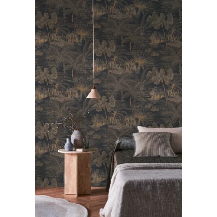 Papel pintado oasis con palmeras negro y dorado - Casamance Bord du Nil 76141222