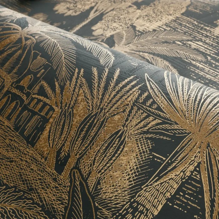 Papel pintado oasis con palmeras negro y dorado - Casamance Bord du Nil 76141222
