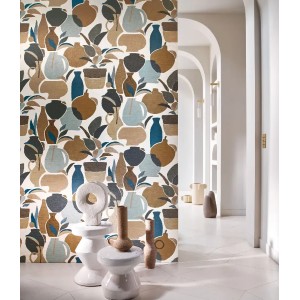 Caselio|Papel pintado moderno efecto textil turquesa y dorado|Imitacion Tela 2