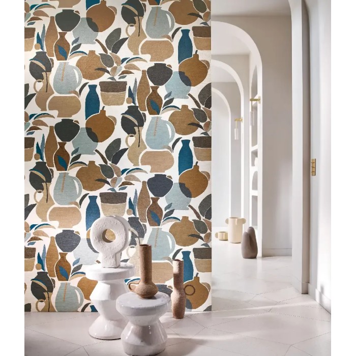 Casamance|Papel pintado estilo provenzal vasijas barro azul y marrón|Alta Gama