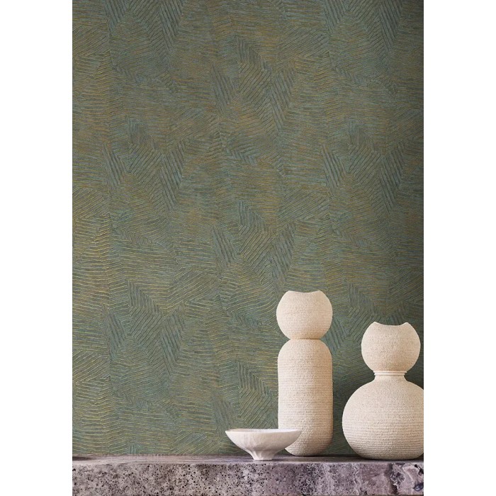 Casamance|Papier peint moderne feuilles vertes et dorées avec nervures|Haut Gamme