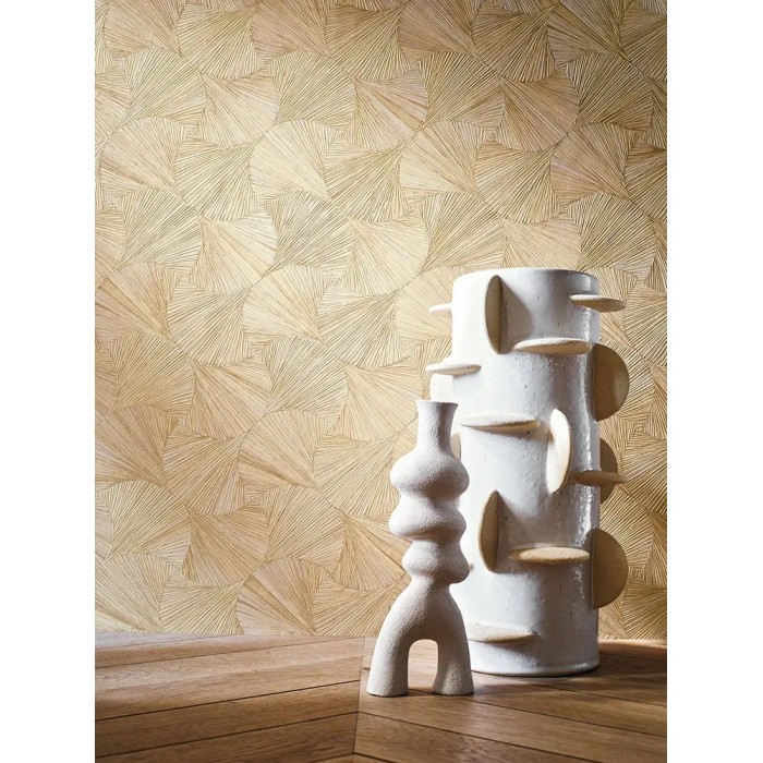 Casamance|Tropische Tapete strohbeige mit Ginkgo-Fächern|Hochwertige