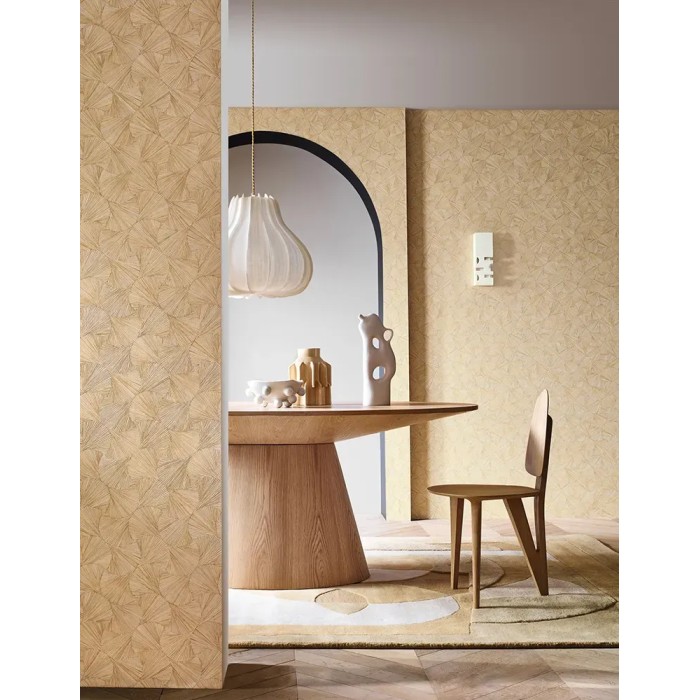 Casamance|Papel pintado tropical beige paja con abanicos de Ginkgo|Alta Gama