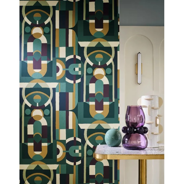 Casamance|Modernistische Tapete grün-violett geometrisches Muster|Retro