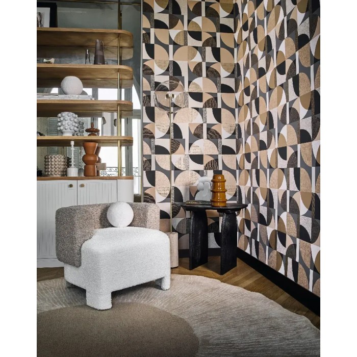 Casamance|Papel pintado Art Decó gris y rosa nude con círculos geométricos|Alta Gama