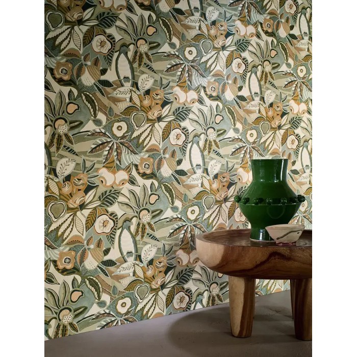 Casamance|Papier peint mexicain vert fleurs Tehuana|Haut Gamme