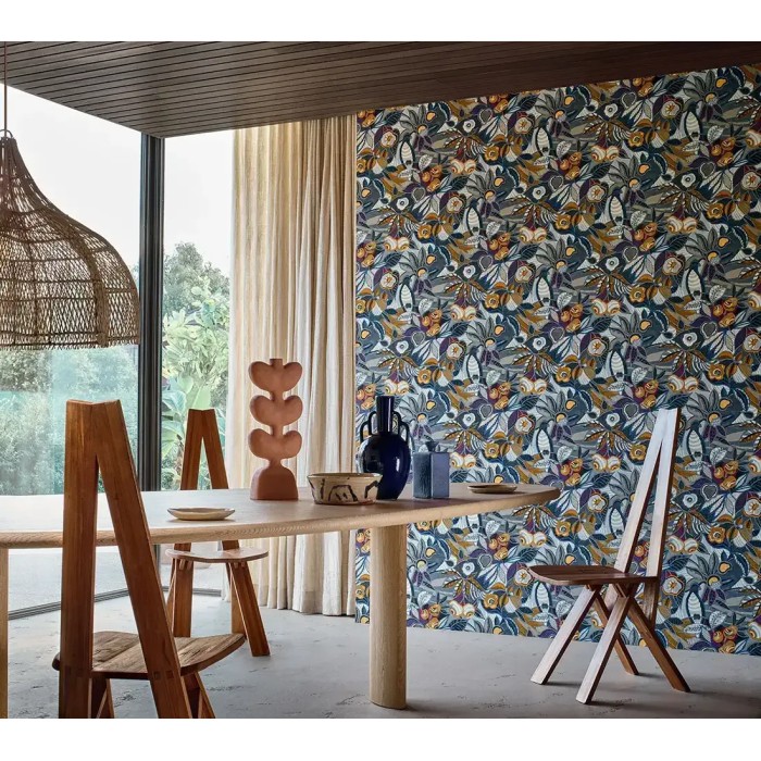 Casamance|Mexikanische Tapete blau Tehuana-Blumen|Hochwertige