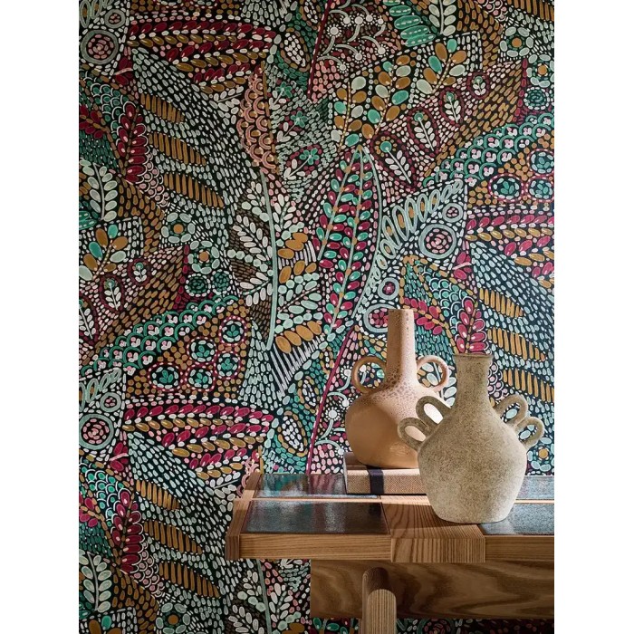 Casamance|Papier peint mexicain brun fleurs et motifs géométriques|Papier Peint