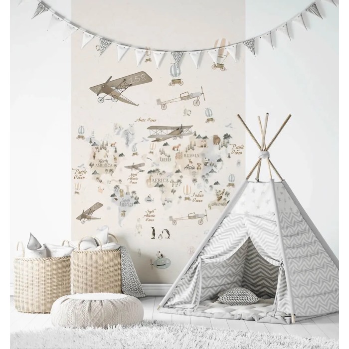 Marburg|Kinderwandbild Weltkarte beige mit Flugzeugen und Tieren|Wandbild
