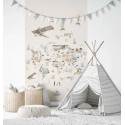 Marburg|Mural infantil mapamundi beige con aviones y animales|Murales de Pared