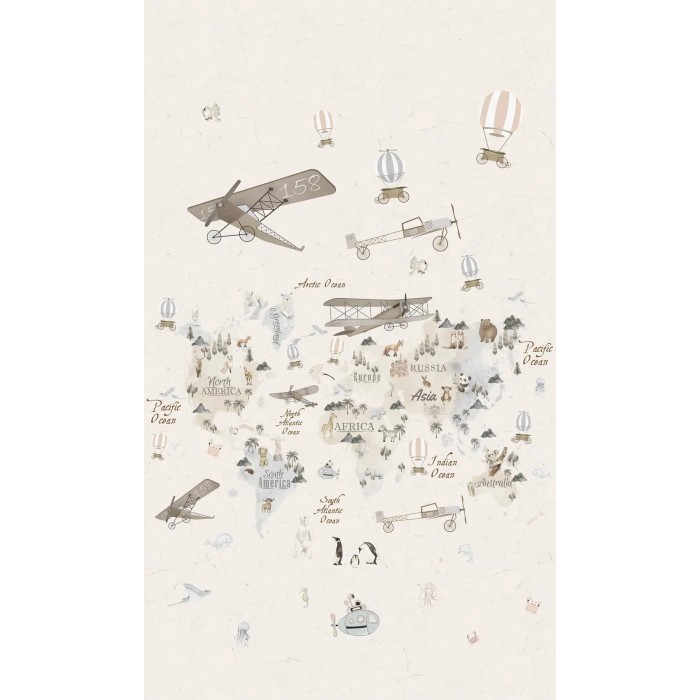 Marburg|Mural infantil mapamundi beige con aviones y animales|Murales de Pared