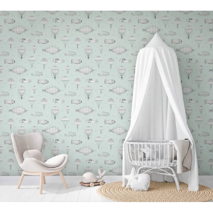 Papel pintado infantil verde pastel globos aerostáticos - Marburg Kids Walls 45825