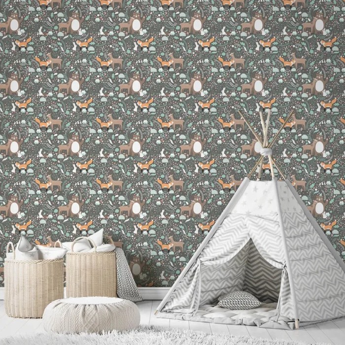 Marburg|Tapete Kinderzimmer Tapete graue Füchse, Rehe, Bären|Kindertapete