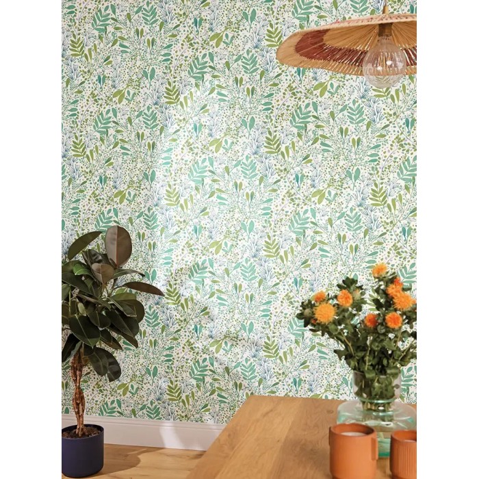 Caselio|Green and mauve watercolor floral wallpaper|Wallpaper