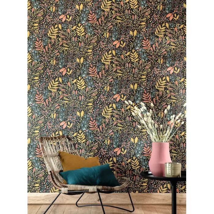 Caselio|Papel pintado floral multicolor con fondo negro|Papel Pintado