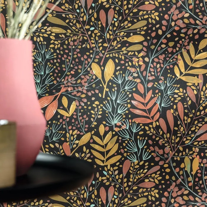 Caselio|Papier peint floral multicolore sur fond noir|Papier Peint