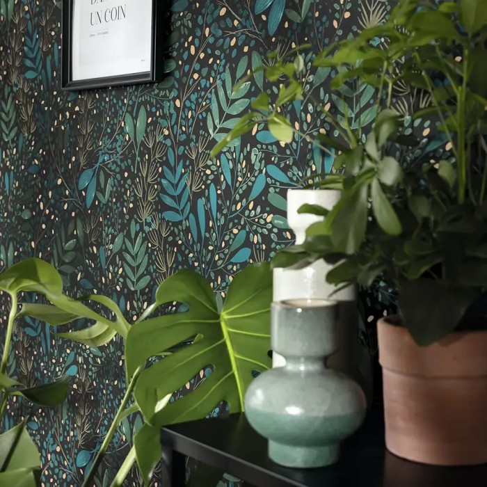 Caselio|Papel pintado floral negro y verde|Papel Pintado