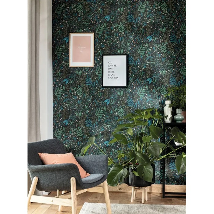 Caselio|Papier peint floral noir et vert|Papier Peint