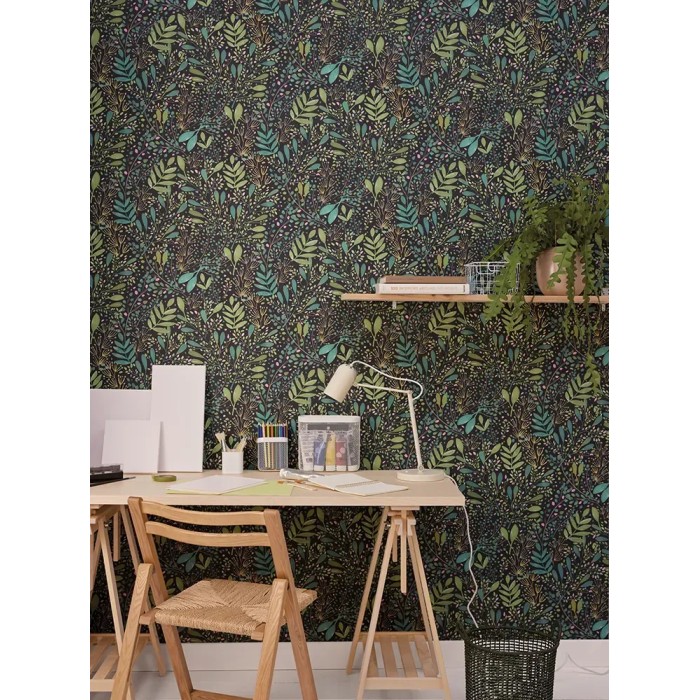 Caselio|Papel pintado estampado floral tonos oscuros|Papel Pintado