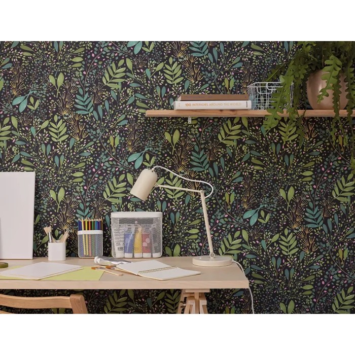 Caselio|Papel pintado estampado floral tonos oscuros|Papel Pintado