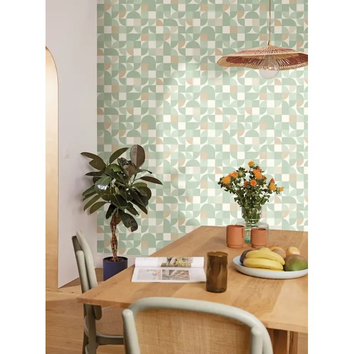 Caselio|Papel pintado para comedor verde, patrón geométrico|Juvenil