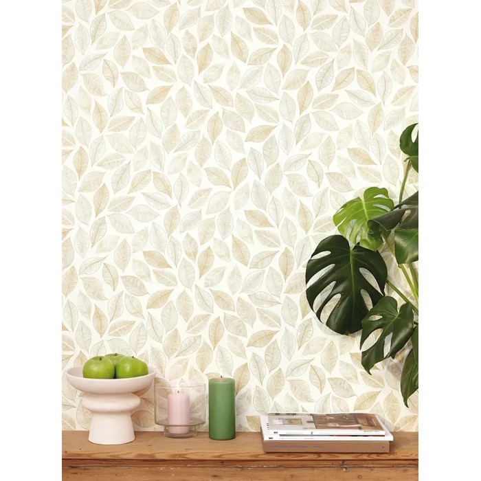 Caselio|Papier peint à motifs de feuilles blanches et ocre|Scandinave