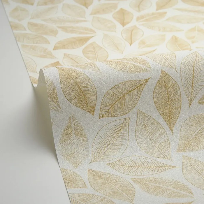 Caselio|Papier peint à motifs de feuilles blanches et ocre|Scandinave