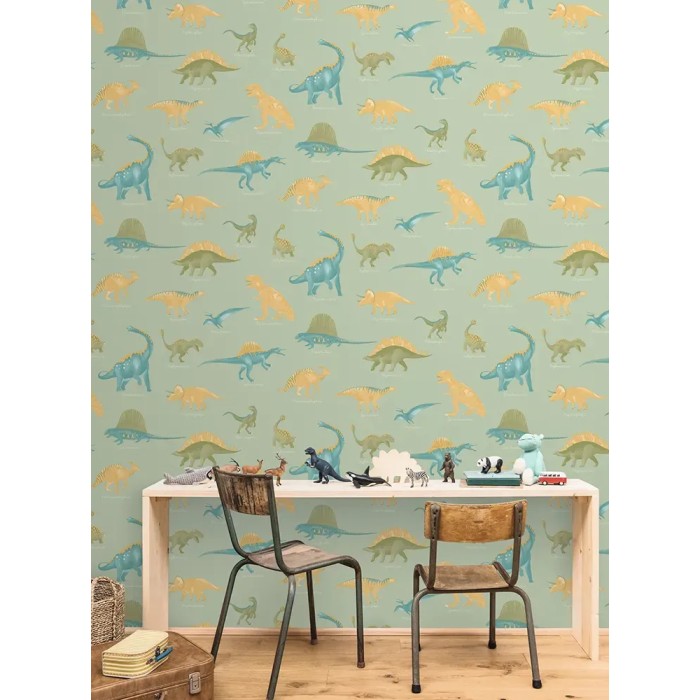 Papel pintado infantil con dinosaurios verde - Caselio Les Minis Mondes 105707001