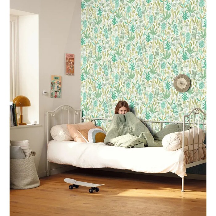 Caselio|Papel pintado infantil dibujos de flores verde|Juvenil