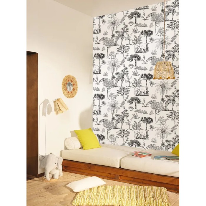 Caselio|Papel pintado safari infantil blanco y negro|Infantil
