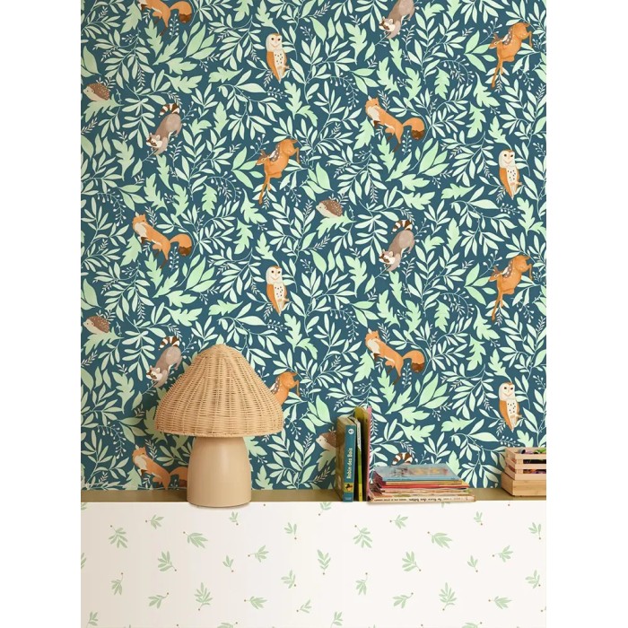 Caselio|Kindertapete mit Waldbewohnern in Blau|Kindertapete
