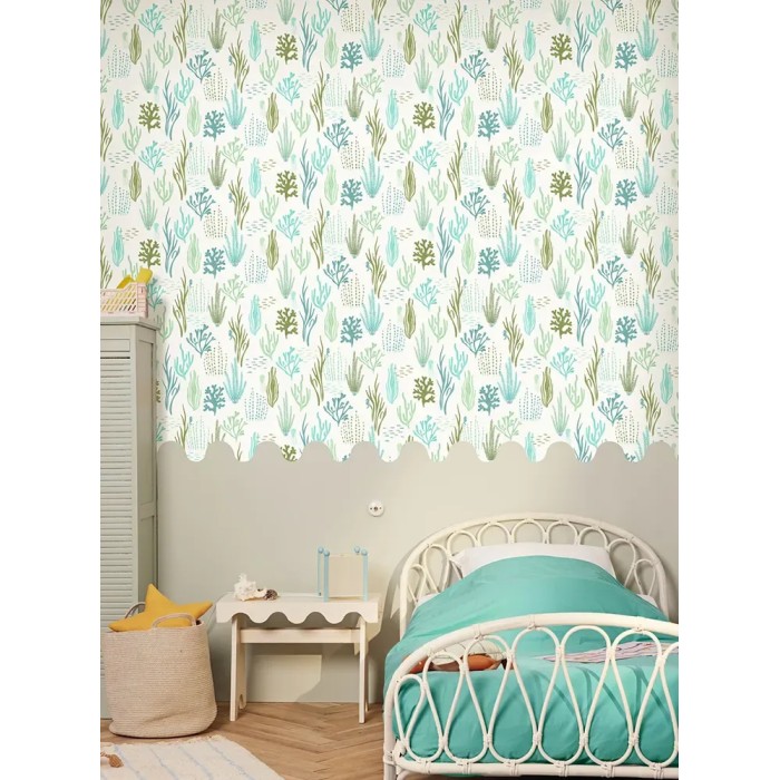 Caselio|Papel pintado infantil fondo marino verde y azul|Juvenil