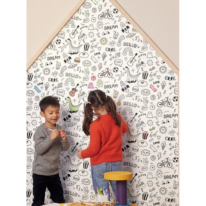 Caselio|Papel pintado infantil graffiti de niños blanco y negro|Infantil